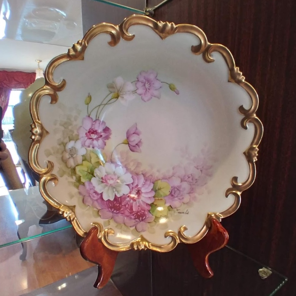 Antique Vienna Hand Painted Porcelain Bowl Golden Trim Author Signed